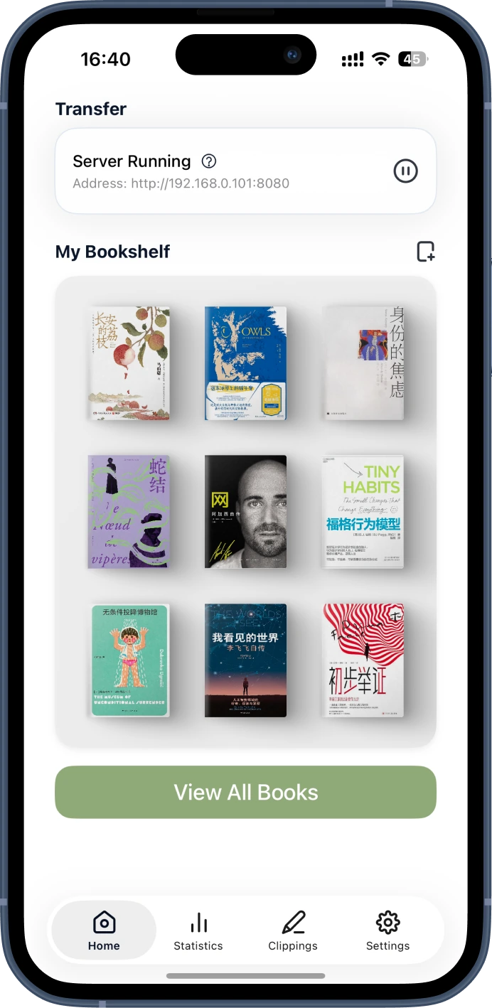 PagePop running on an iPhone with the local transfer server and bookshelf visible