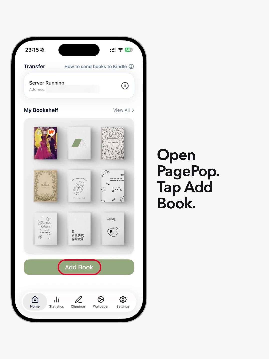 The Add Book button highlighted on the PagePop bookshelf