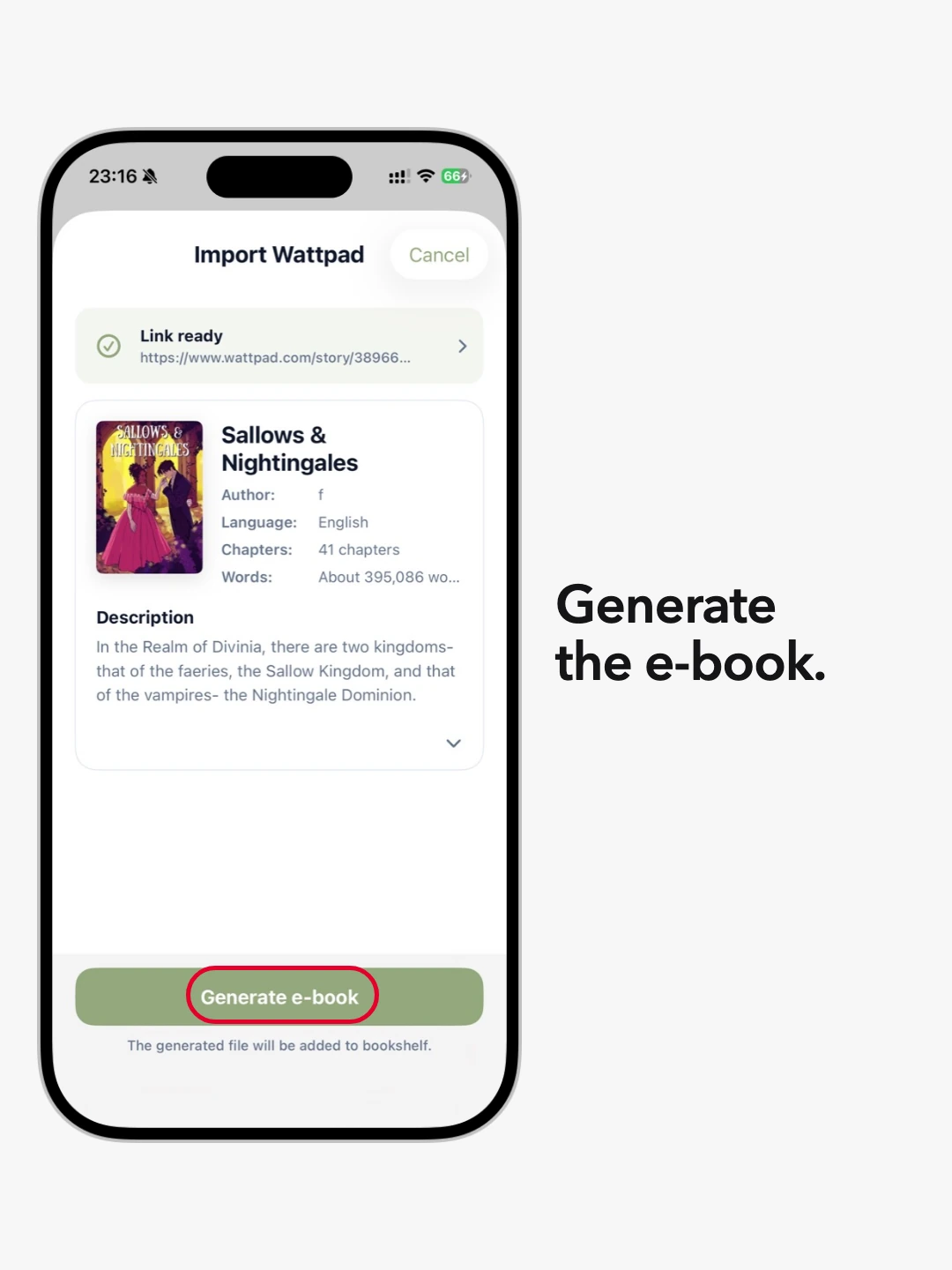 The Generate e-book button highlighted after PagePop recognizes the Wattpad story