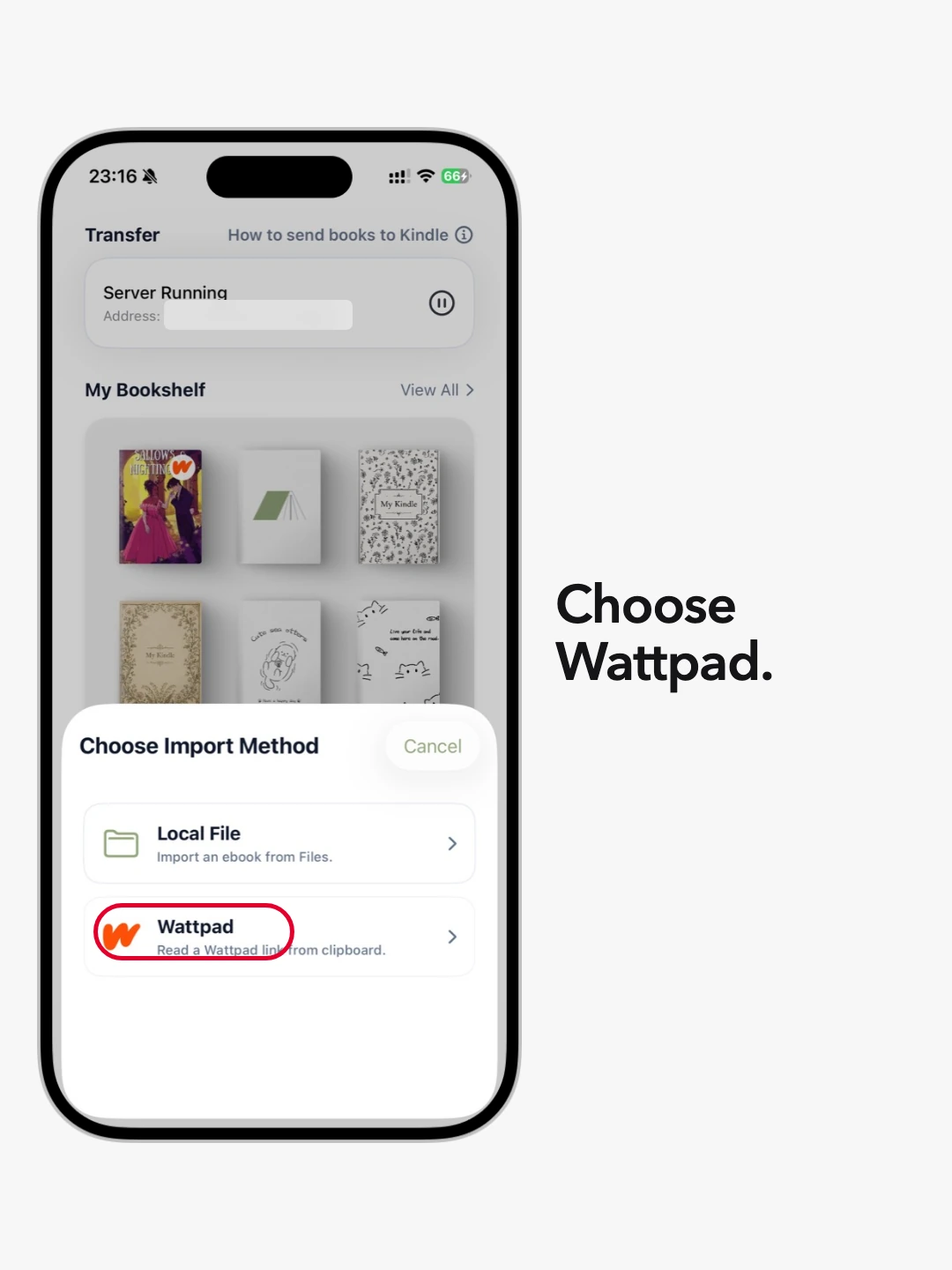 The Wattpad option highlighted in PagePop's import menu