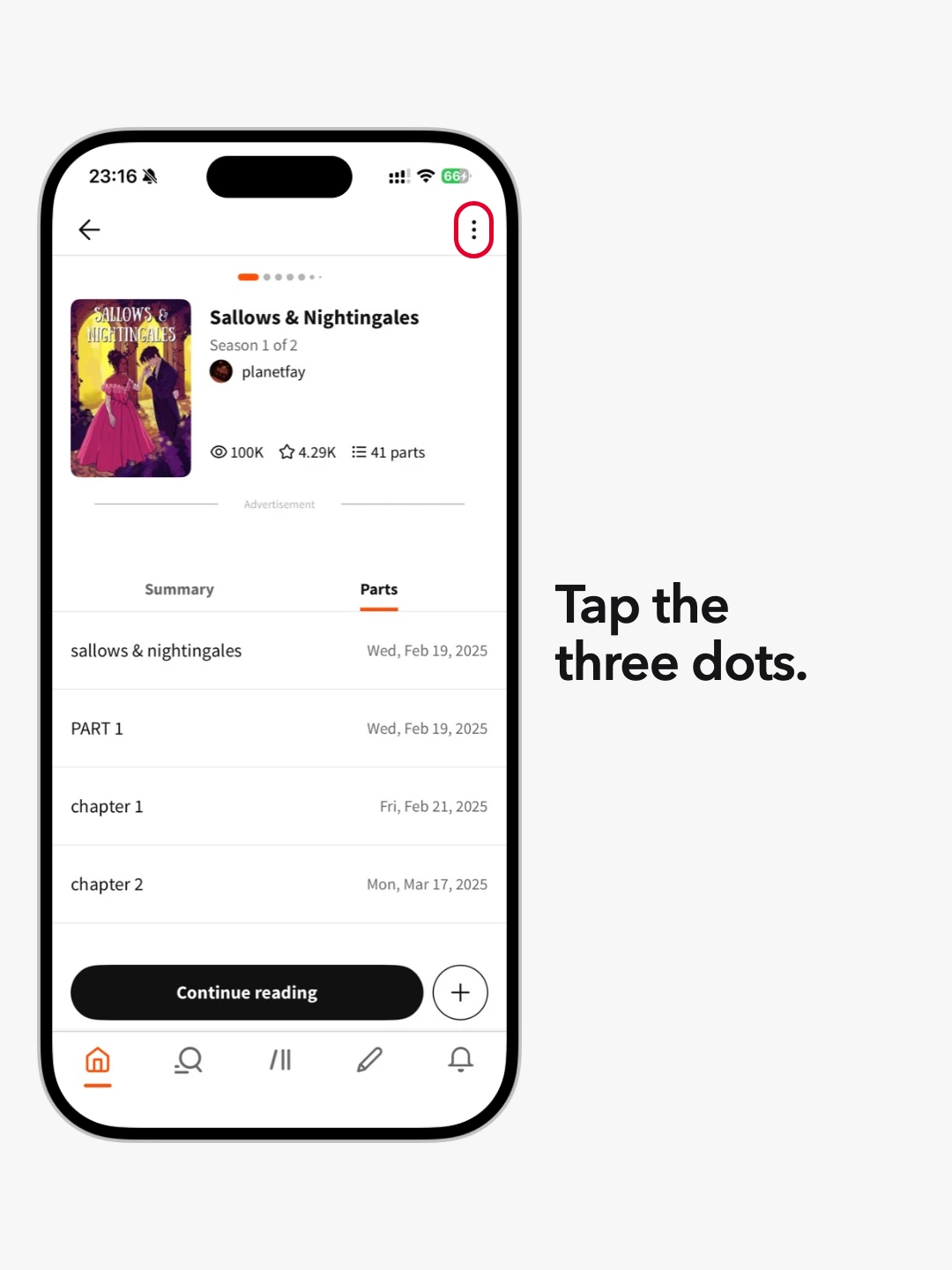The three-dot menu highlighted on a Wattpad story page