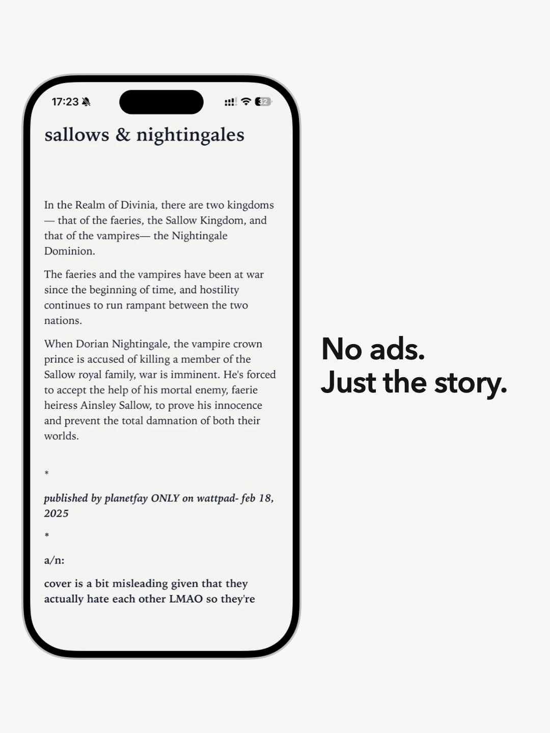 A Wattpad story displayed in PagePop without advertisements